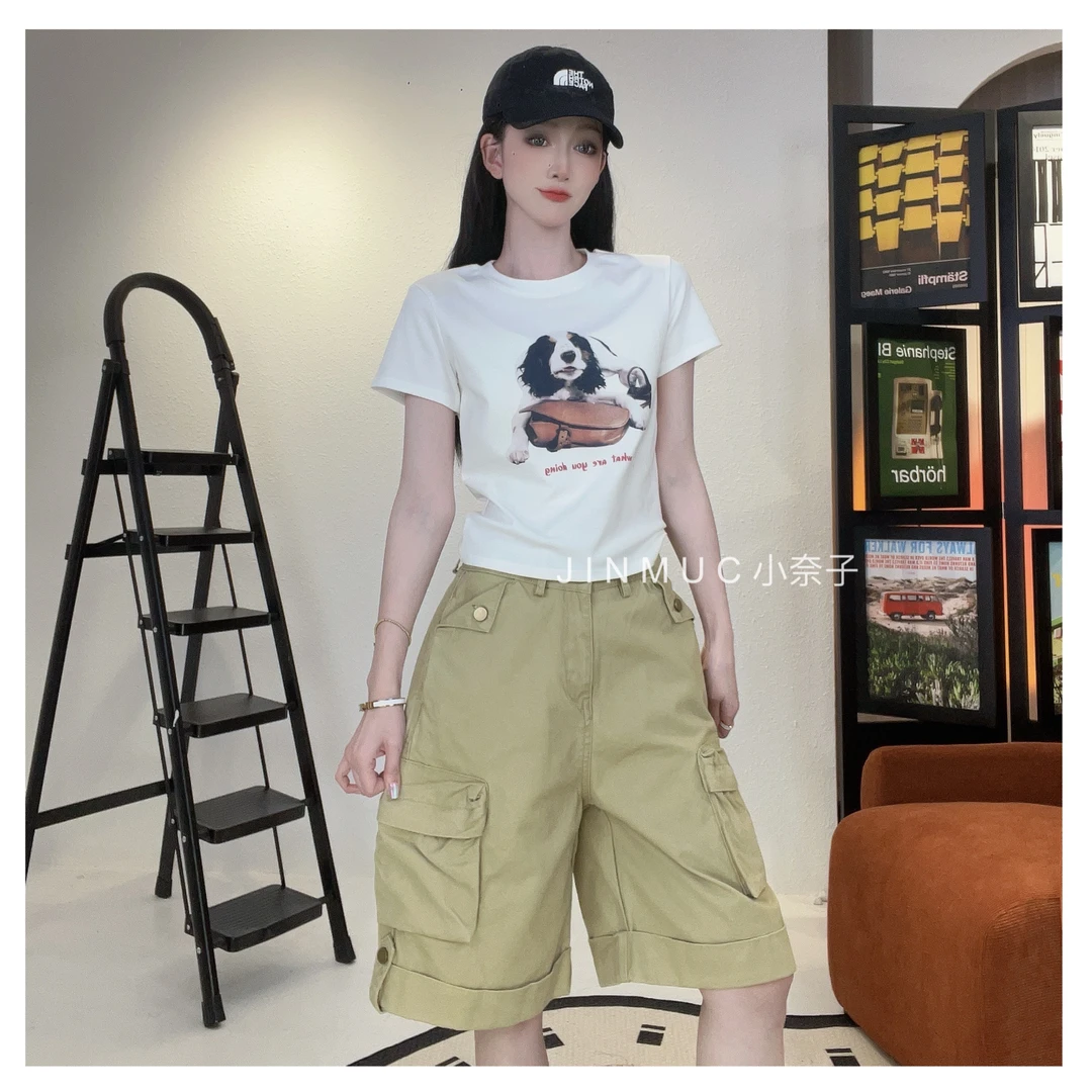 【小奈子】夏季个性美式高腰显瘦百搭大口袋工装裤