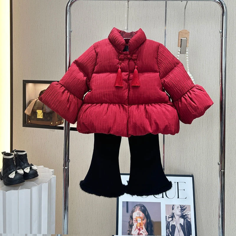 新疆包邮女童冬装棉服外套红色新款儿童洋气加厚棉袄冬季时尚立领