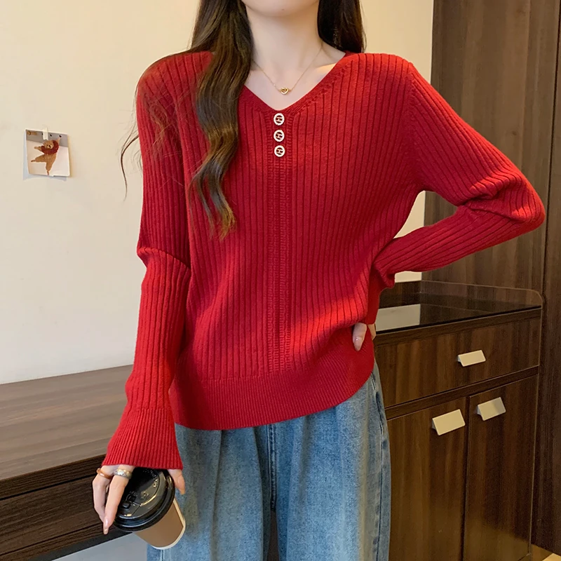 8076大码女装2023秋装新款时尚V领针织衫上衣胖mm宽松毛衣打底衫