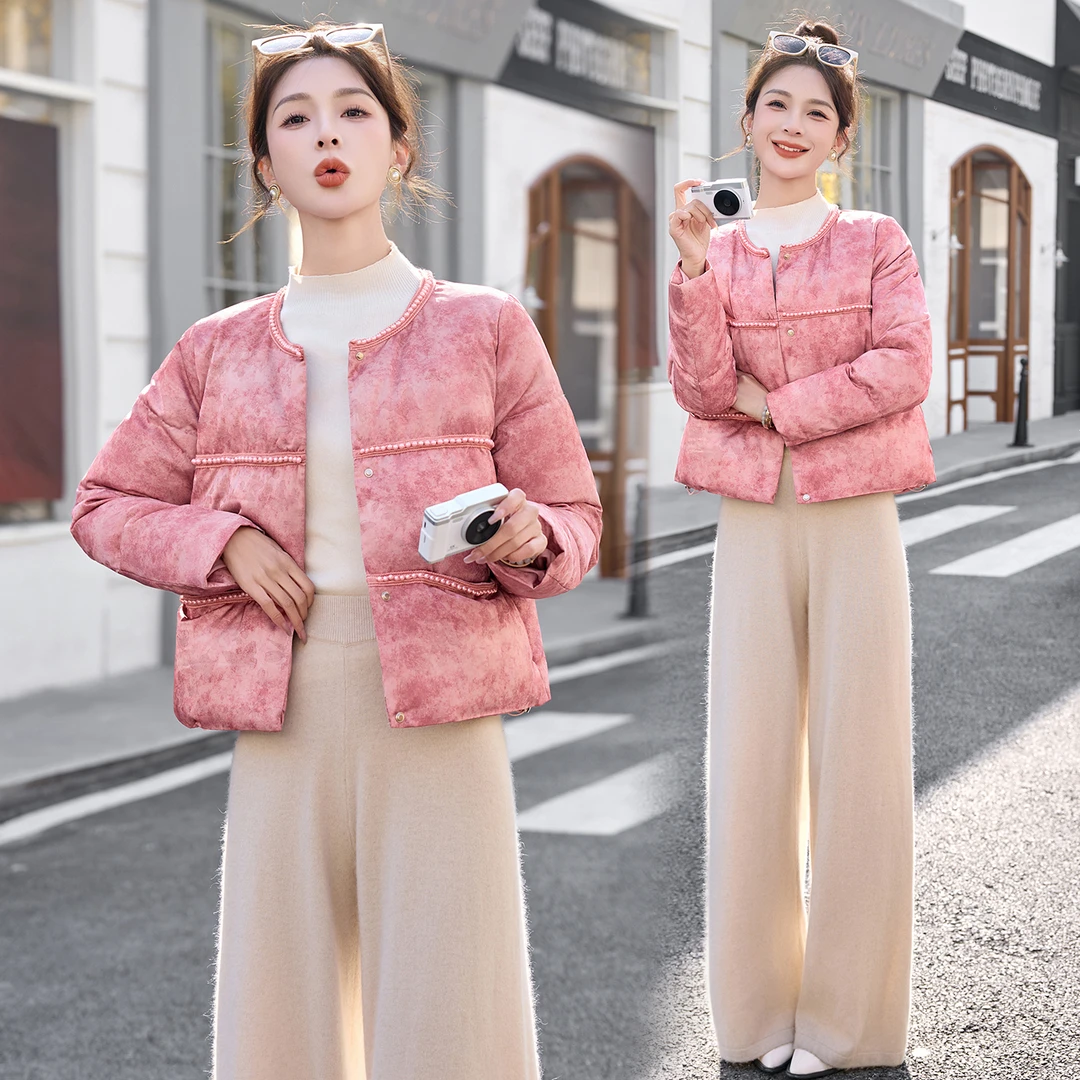 新中式国风钉珠提花羽绒服女2025冬季新款甜美气质白鸭绒短款外套