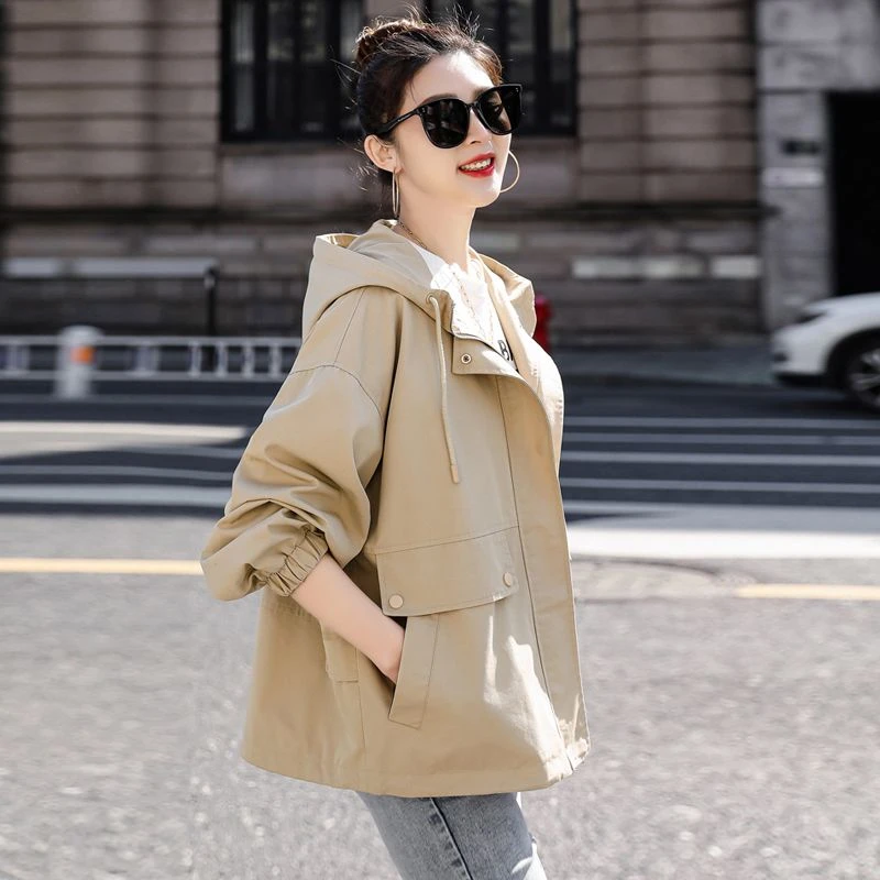 2025春秋新款外套女韩版连帽洋气工装外套女休闲法式风衣女宽松潮
