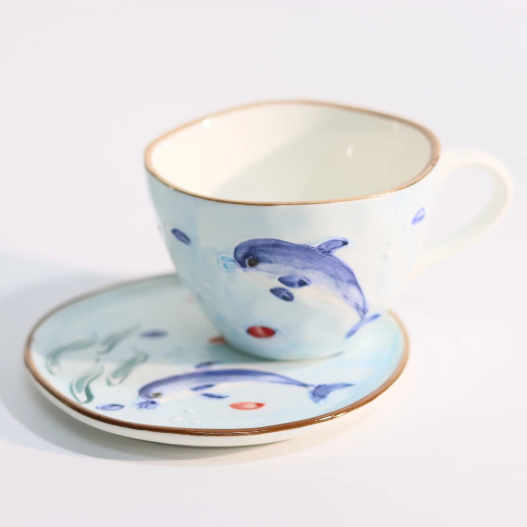 新12065手绘蓝色海豚咖啡杯