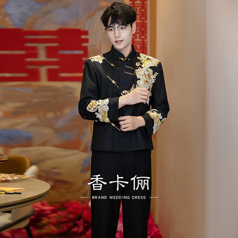 男士秀禾服新款气质优雅中式迎亲礼服中山装结婚黑色西服敬酒套装