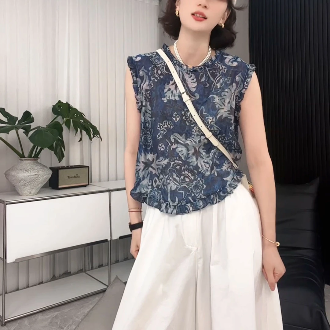 新中式国风时尚气质设计木耳边无袖衬衫2025夏季百搭宽松遮肉上衣