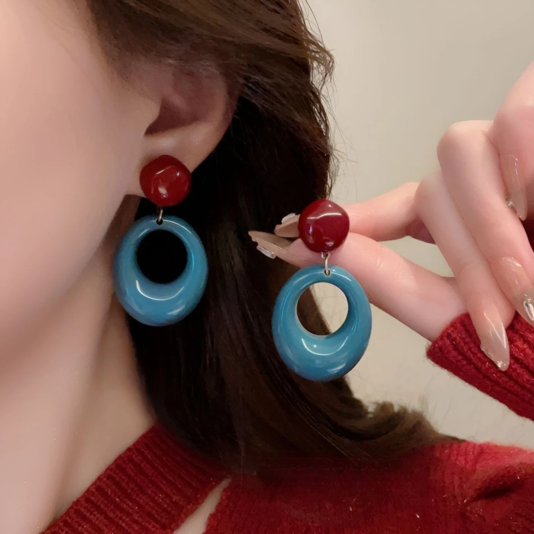 合金耳饰 红蓝撞色圆圈耳环复古港风氛围感夸张个性气质耳钉耳饰