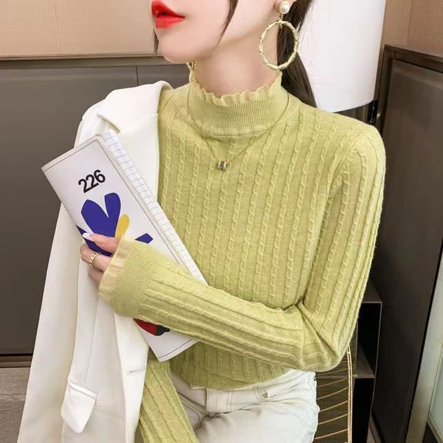 春秋羊毛半高领宽松针织爆款蕾丝毛衣高级软糯流行打底衫上衣百搭
