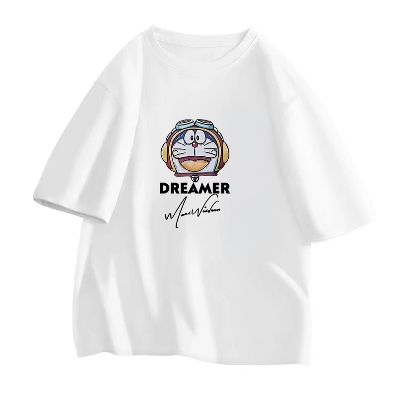 100%棉情侣半袖纯棉t恤白色休闲夏季宽松印花圆领卡通上衣百搭ins