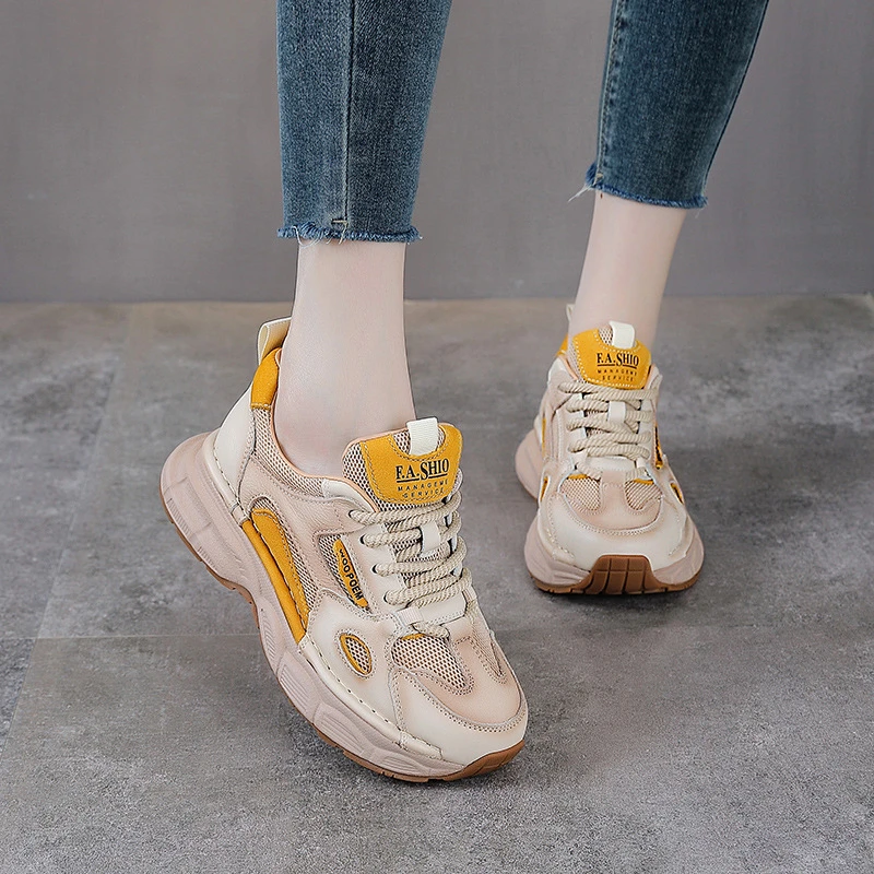 头层牛皮拼色网面老爹鞋女春夏新款阿甘鞋真皮德训休闲鞋运动鞋