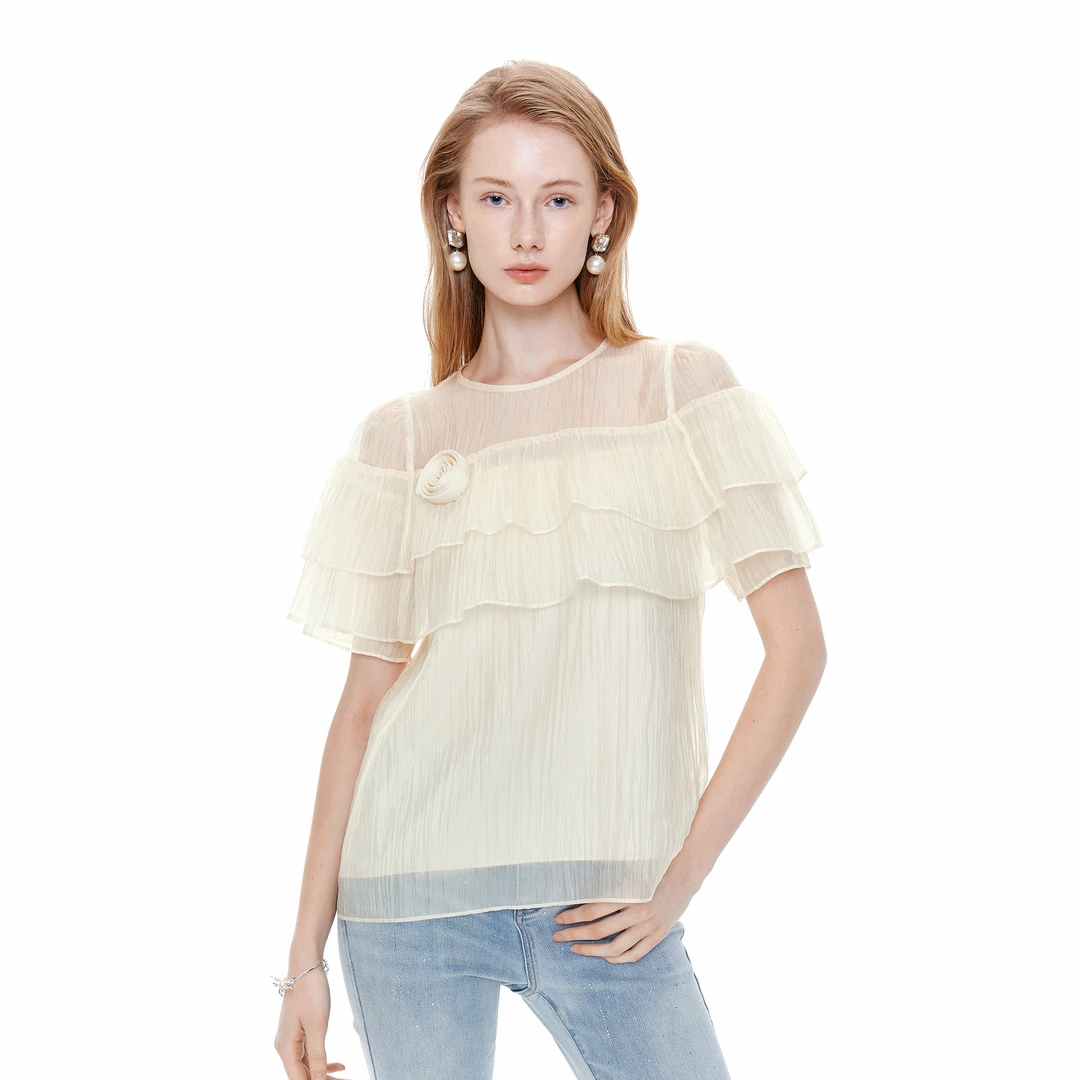 可可尼cocoon荷叶边上衣2025夏季新款女士雪纺小衫气质圆领打底衫