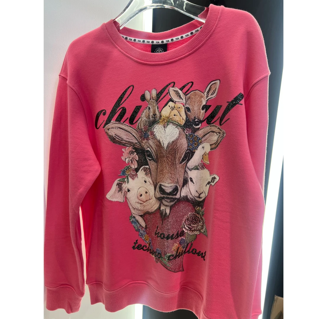 潮牌轻奢烫钻麋鹿图案粉色休闲卫衣T21311C6019