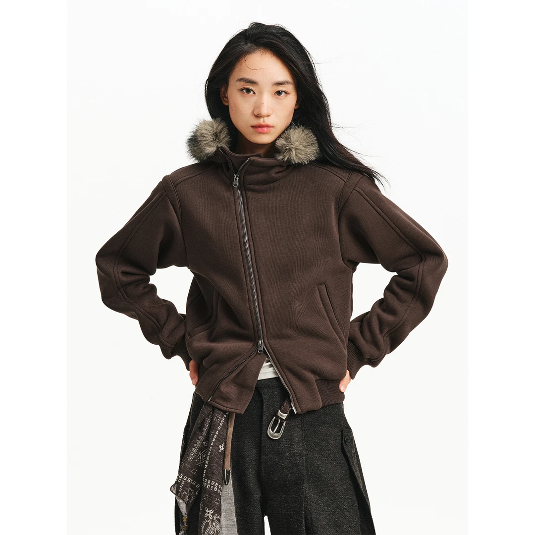 LIMPIDOCULUS女款重磅毛领短款卫衣环保羊羔绒连帽夹克外套