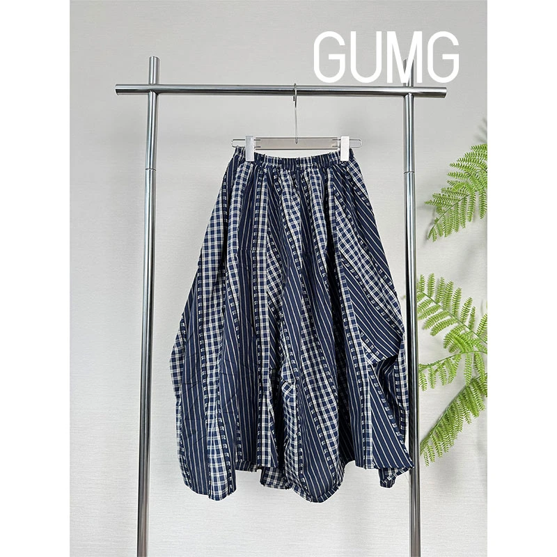 【女装优选】GUMG-蓝色格纹拼接不规则半身裙GM20228