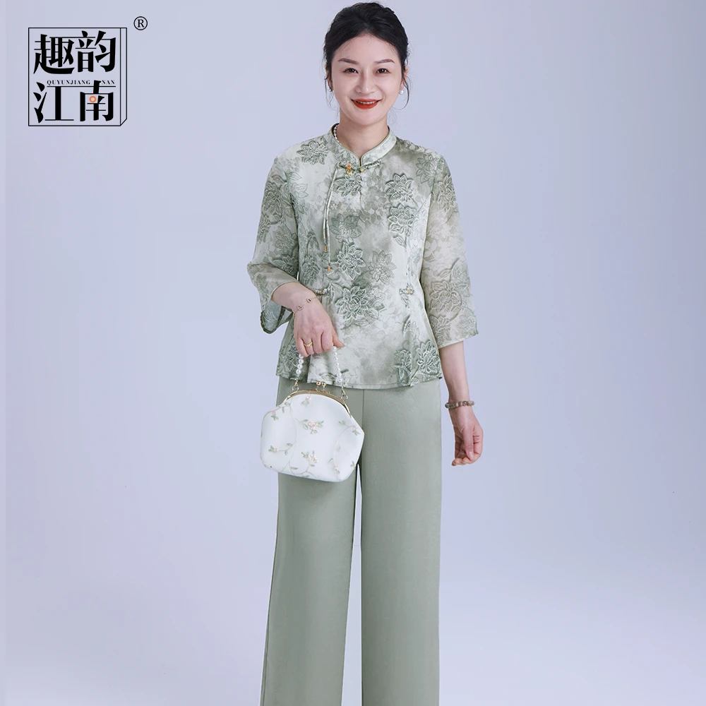 趣韵江南新中式妈妈装春装国风两件套2025新款高贵显瘦上衣中老年
