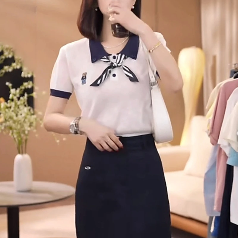 学院风小熊刺绣针织衫短袖T恤女夏季新款小众设计蝴蝶结翻领上衣
