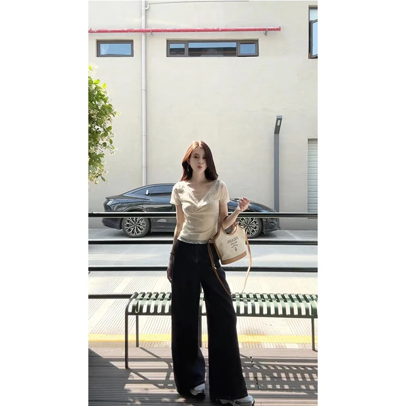 夏季新款韩版修身V领蕾丝边拼接短袖T恤女百搭高腰长款裤子两件套