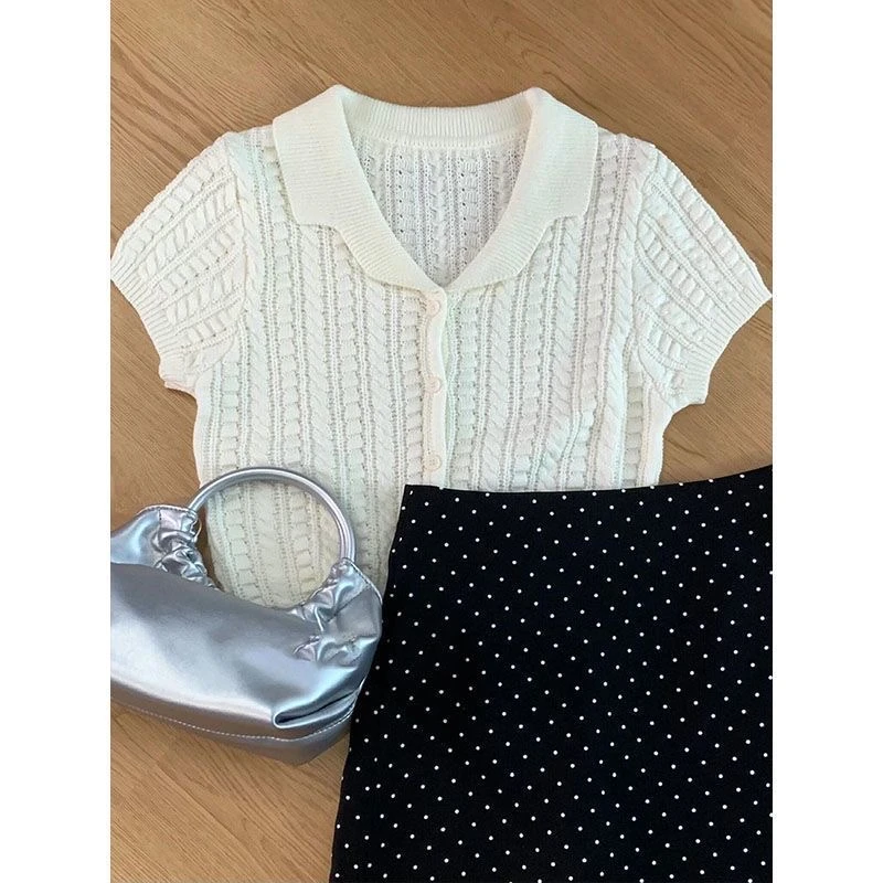 新款夏季穿搭女韩系甜美polo领针织开衫波点半身裙两件套装4002