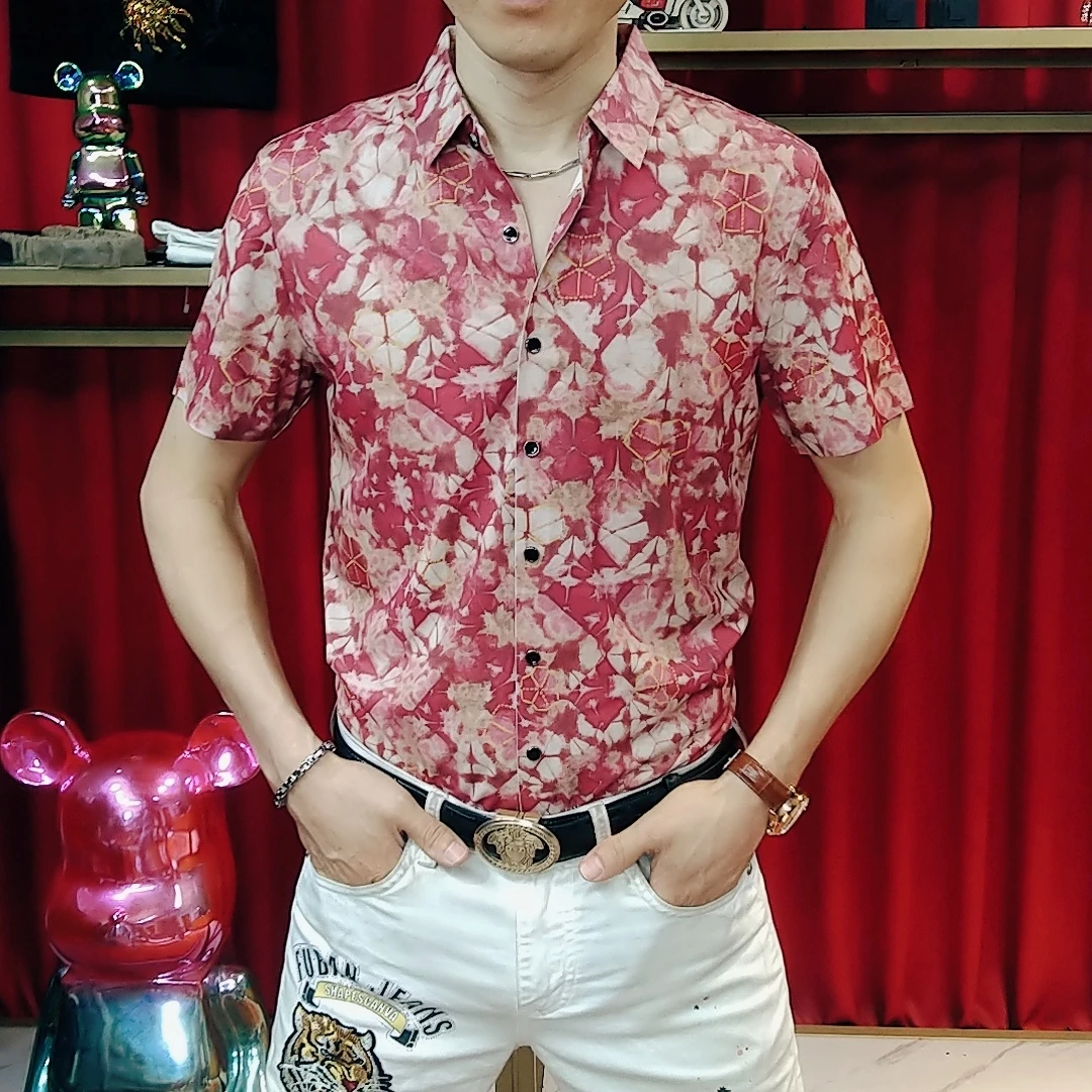 男士新款夏季时尚休闲高品质花色衬衣帅气修身薄款衬衫短袖1650
