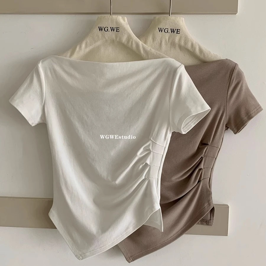 不规则斜边抽褶皱收腰一字肩短袖T恤女夏辣妹纯欲风显瘦百搭上衣