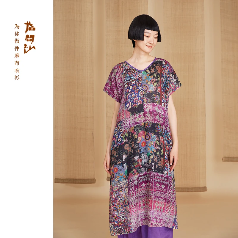指间沙2525291女装25夏中式U型V领连肩袖宽松印花苎麻袍子连衣裙