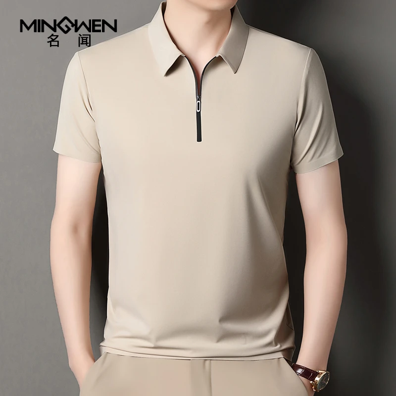 冰丝短袖t恤男夏季商务休闲纯色高级感半拉链翻领polo衫宽松上衣