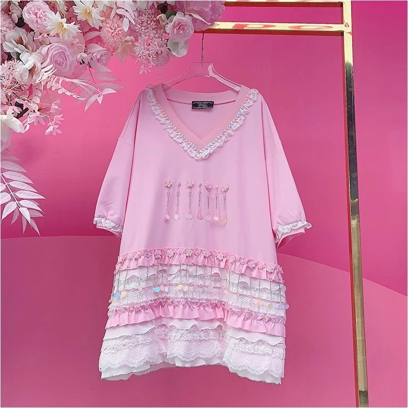 A1615欧美设计师2025春夏新款重工钉珠流苏串珠拼接蕾丝休闲T恤裙