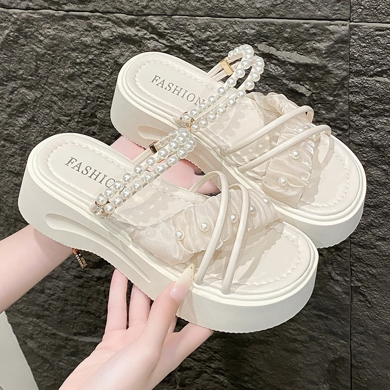 两穿凉拖鞋夏季外穿ins潮2024新款时尚珍珠仙女风配裙子厚底凉鞋