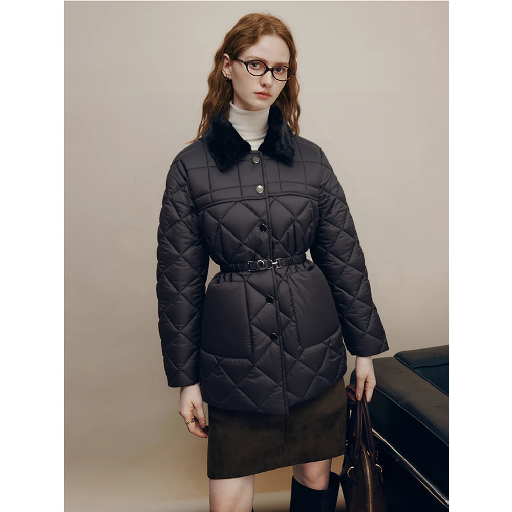 【轻暖菱格】时尚翻领菱格收腰显瘦棉服外套353301