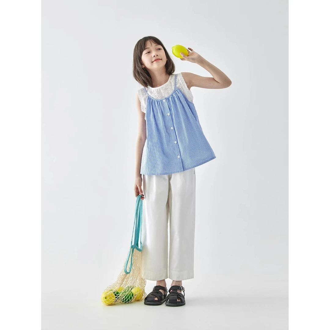 2025年新款童装夏日小清新蓝白格纹小衫女童假两件吊带背心上衣
