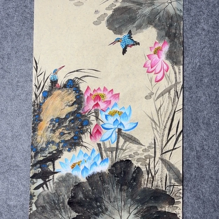 国画手绘国风荷花花鸟图