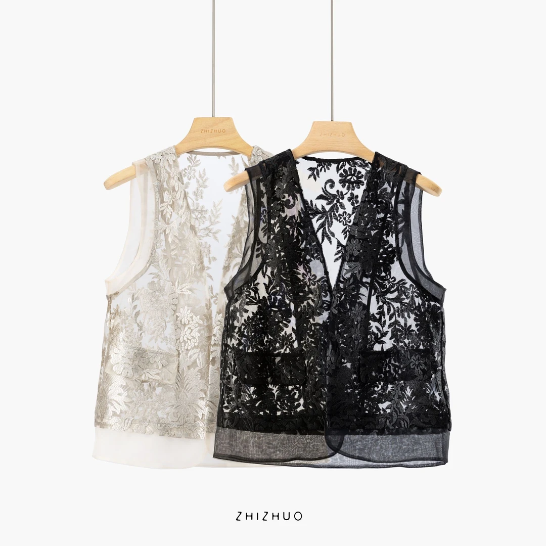 ZHIZHUO/海棠映月 高级感刺绣罩衫提花宽松无袖镂空蕾丝马甲