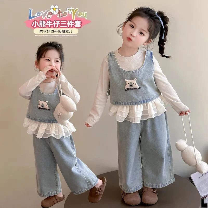 女童套装春装2025新款洋气时髦童装宝宝牛仔三件套春秋季儿童衣服