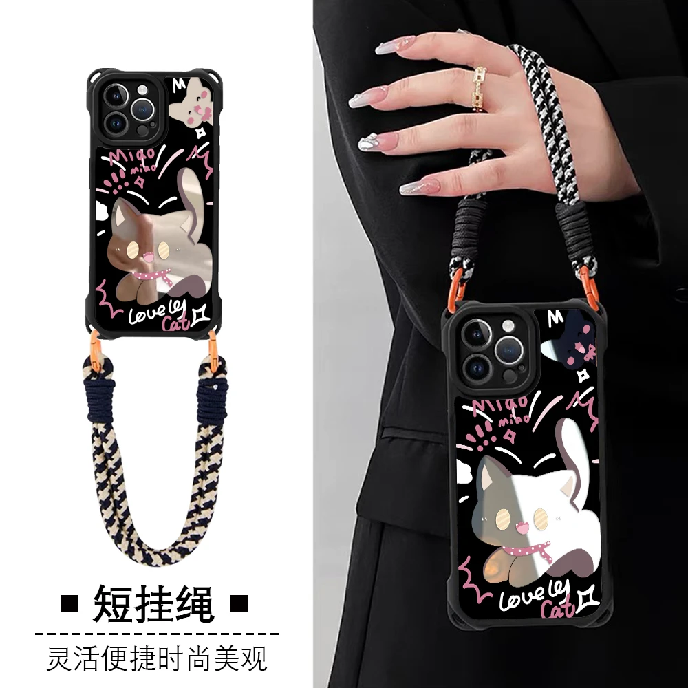 可爱俏皮黑耿鬼ins风全包镜面四角挂绳适用苹果16pro华为手机壳