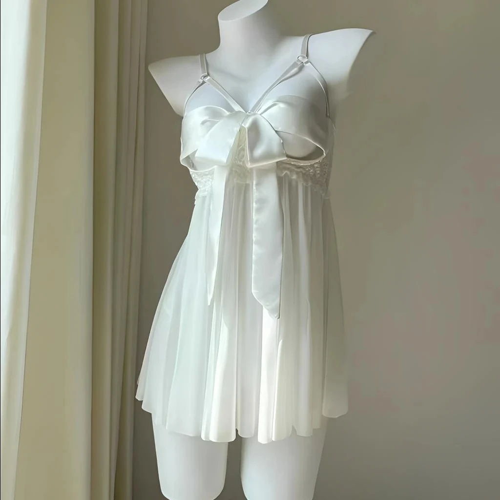 80-200斤「解开礼物」系带短款网纱性感露背睡裙女士纯色纯欲风蕾丝