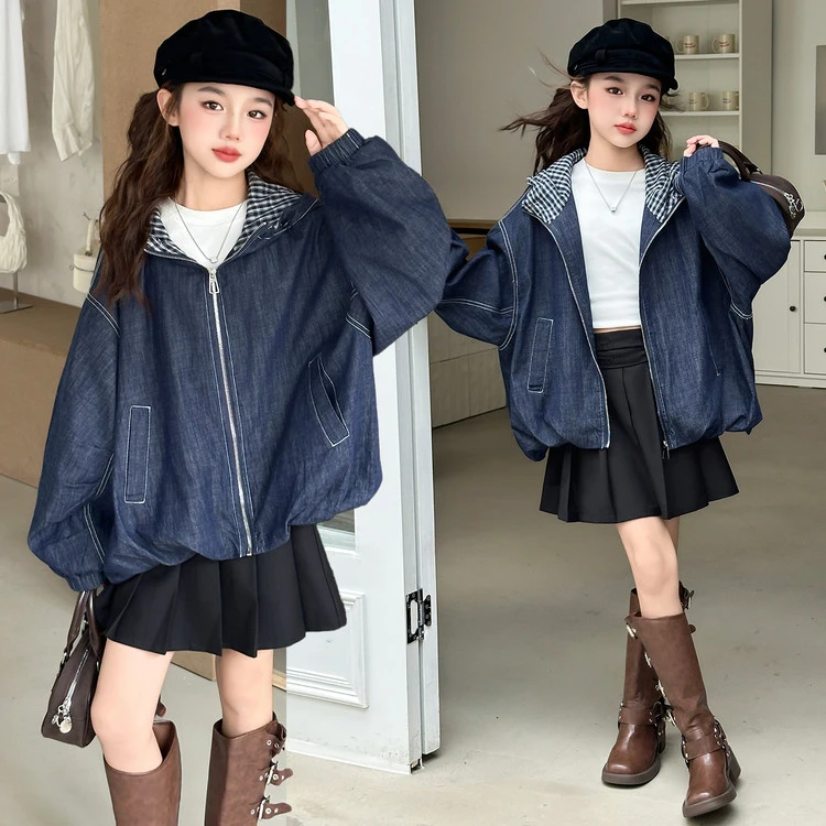 女童牛仔外套2025秋季新款儿童休闲连帽格子上衣中大童韩版秋装潮