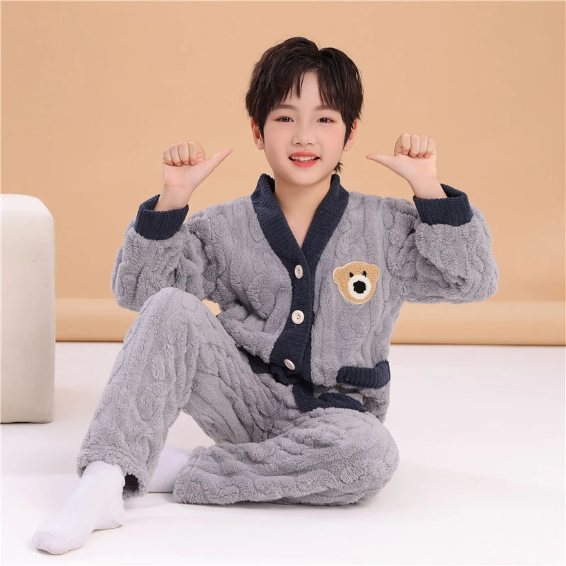儿童睡衣秋冬款男童6-12岁法兰绒加绒加厚中大童男孩珊瑚绒家居服