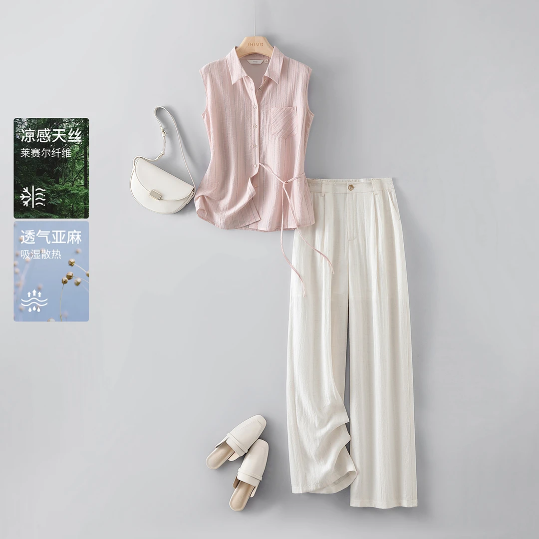 亚麻套装气质2025夏季轻通勤松弛感休闲衬衫长裤套装女