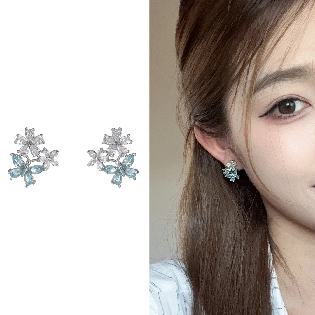 oushipei/欧诗佩 铜合金合成锆石耳饰 精致闪钻蓝色蝴蝶花朵耳环