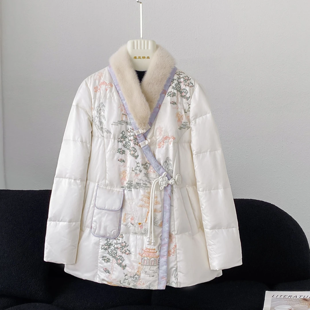 KAISER/凯撒3Y3891秋冬女装新中式中长款水貂领保暖鹅绒服外套