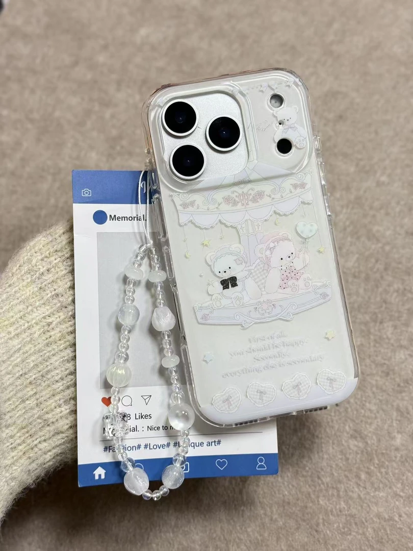 适用于iPhone17promax气囊圆边旋转小熊16pro韩系15ins挂链手机壳