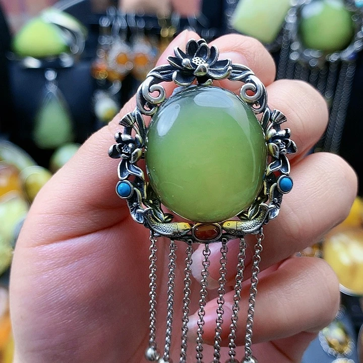 琥珀裸石银S925镶嵌 坠