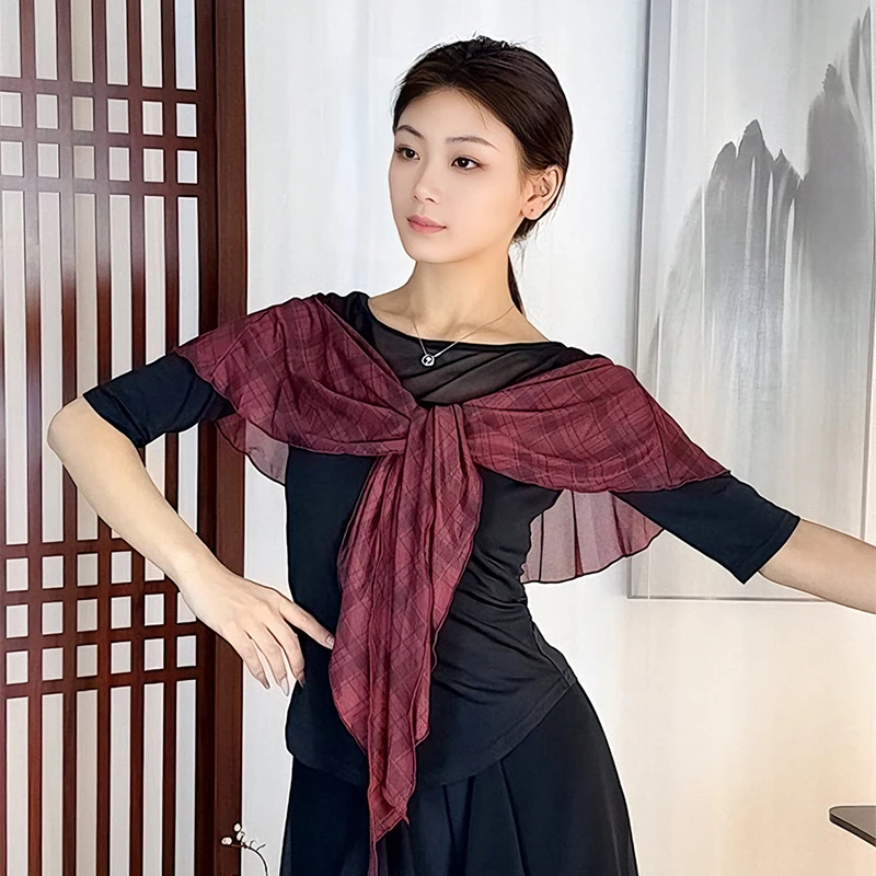 DZ帝筑2025广场舞蹈练功服披肩式圆领上衣女中国古典舞飘逸训练服