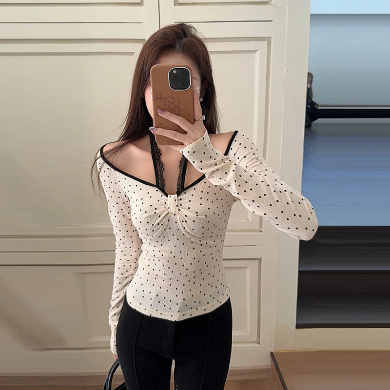 韩系气质洋气时髦系带设计波点T恤女2025春季新款修身显瘦上衣潮