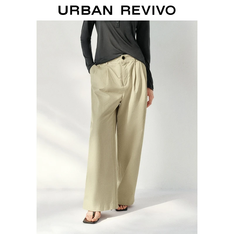 UR2025秋季新款女装简约休闲通勤松紧腰褶皱阔腿裤UWH650079+