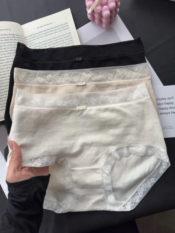 85-135斤 中高腰蕾丝花边舒适棉质大包臀女士三角内裤短裤3条装