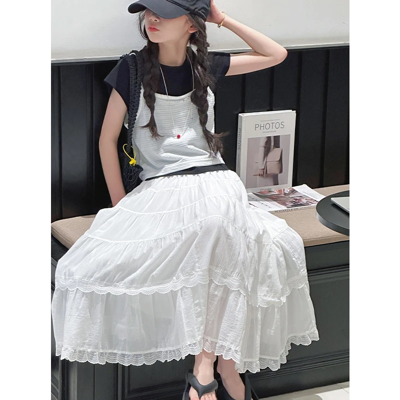 K28970 蕾丝女童短袖套装裙2025夏装新款儿童洋气三件套上衣裙子