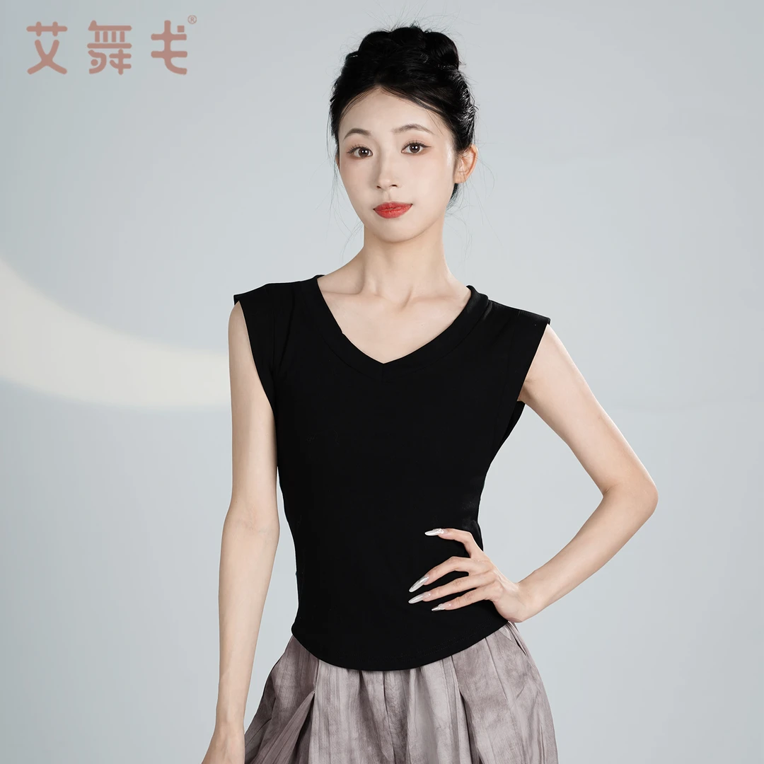 艾舞戈纯欲V领收腰显瘦无袖t恤女夏季短袖练功服现代舞表演服上衣