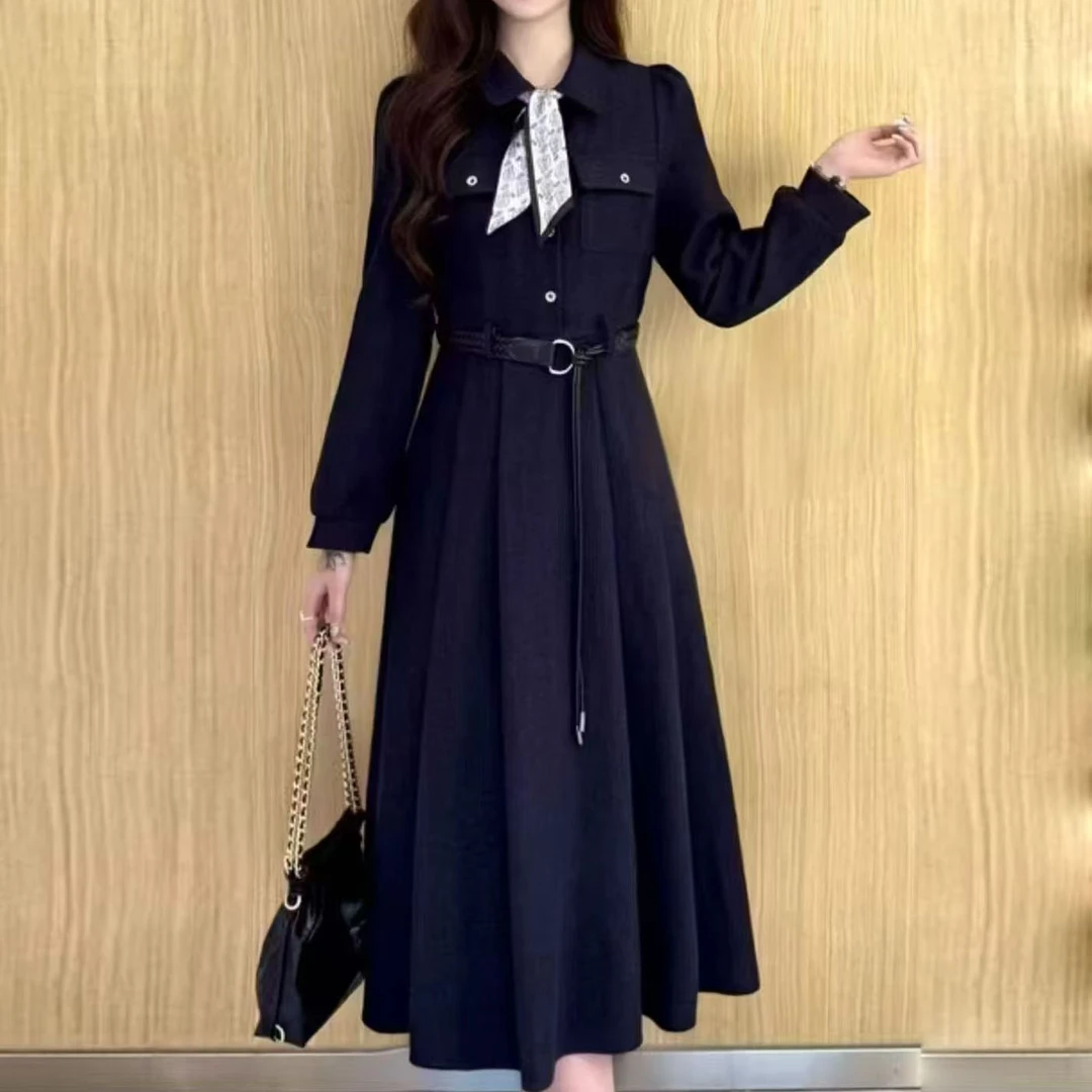 收腰连衣裙POLO领黑色套头款网红长袖秋季针织套头LY-G4214-C25