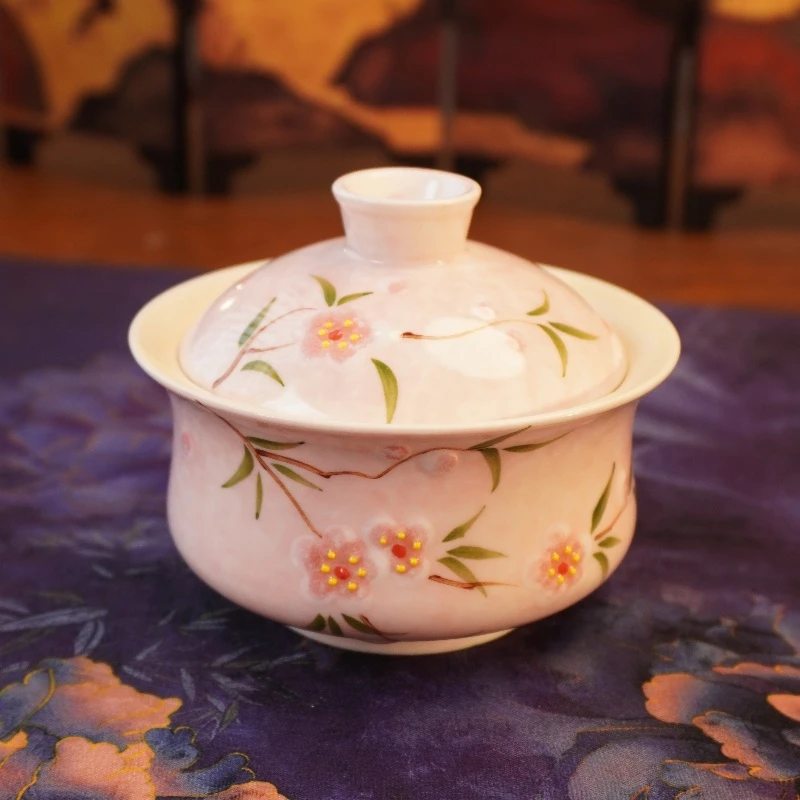 【春风十里·盖碗】陶瓷纯手工手绘桃花女士家用精致盖碗