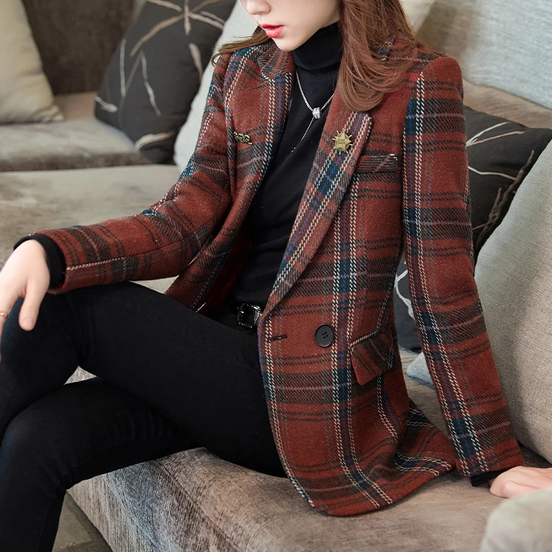 红格子毛呢西装外套女2025新款秋冬季羊毛女士小个子休闲西服上衣