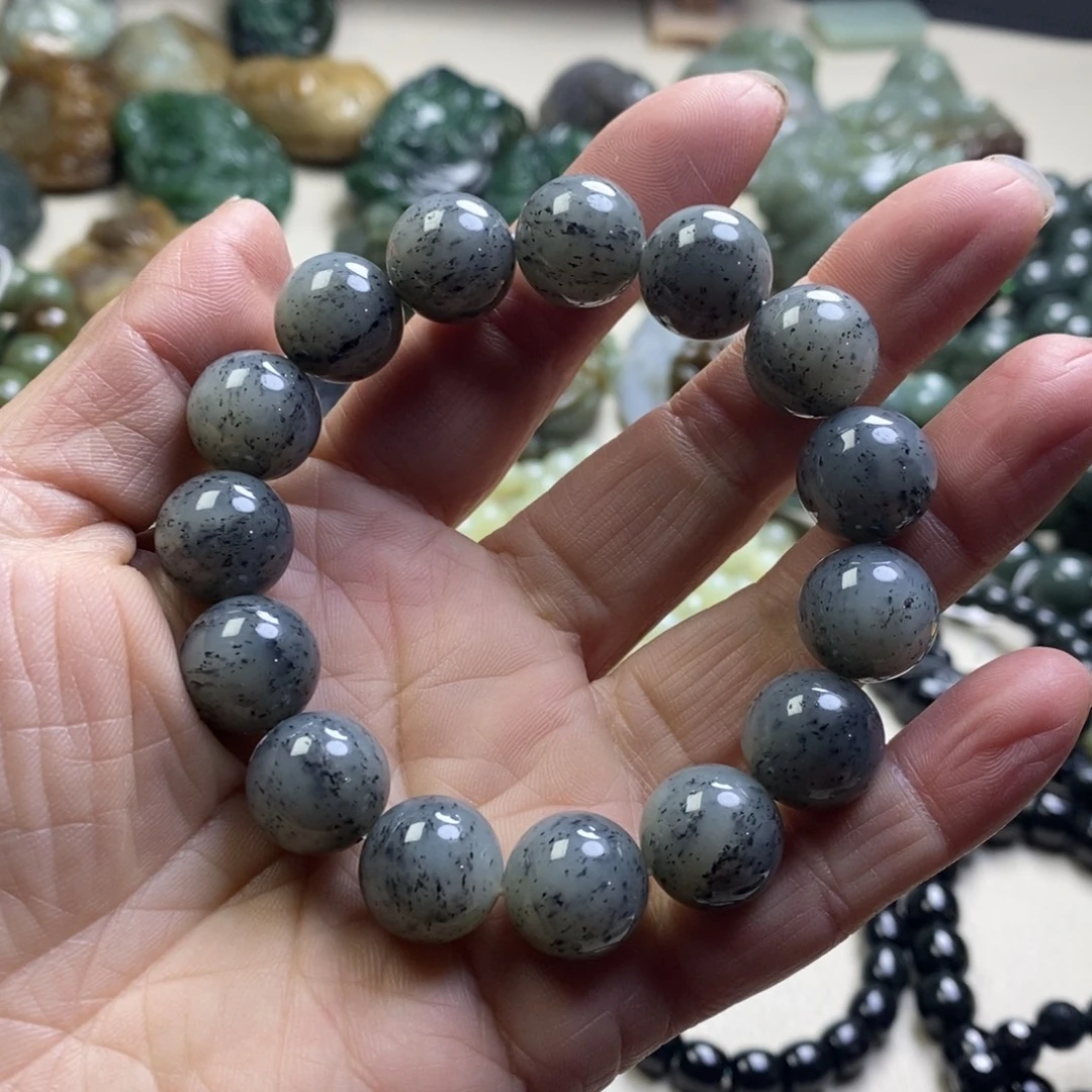 1***.和田玉未镶嵌手链和田玉青花卡14圆珠手串